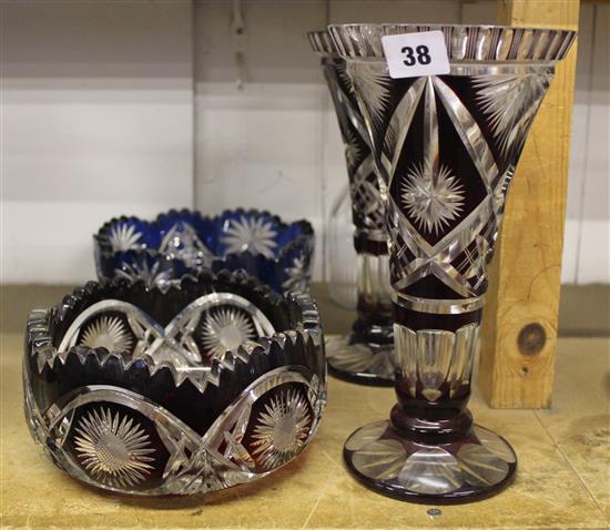 Regency decanter and 4 pieces of coloured glass
